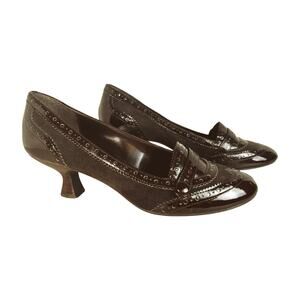 Etienne Aigner Brown Oxford Heels 7 Patent old money academia Vintage Prep suede